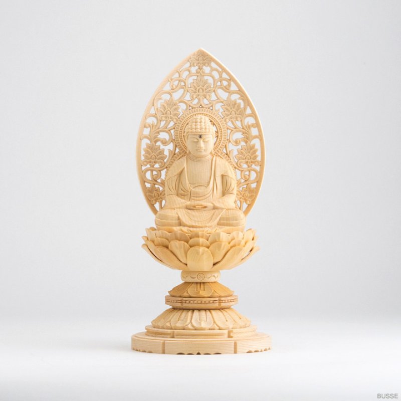 仏壇用　桧製　釈迦如来2.0寸　新品　送料込 楽天市場】仏像 釈迦如来 座像 2.0寸 草光背 円台 総高19cm 桧木