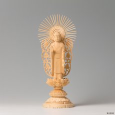 画像1: 仏像 阿弥陀如来 西 ヒノキ製 丸座 3寸 浄土真宗 本願寺派/西派 /桧 檜 ひのき ３寸 三寸 真宗 お西 ミニ仏壇 御本尊 西立阿弥陀如来 (1)