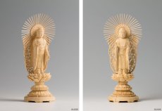 画像3: 仏像 阿弥陀如来 西 柘植製/ツゲ 丸座 3寸 金泥書 浄土真宗 本願寺派/西派 /阿弥陀如来像  総柘植 つげ 三寸 丸台座 丸台 蓮華座 真宗 お西 ミニ仏壇 御本尊 (3)