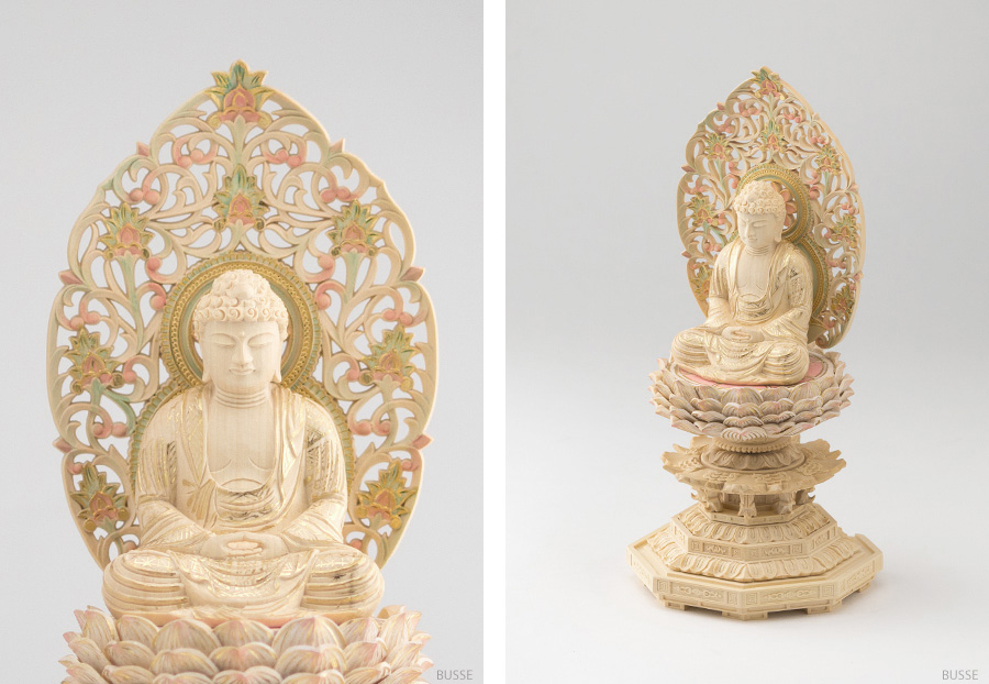 仏像 釈迦如来 座像 柘植製/ツゲ 八角台座 2寸 金泥書 淡彩色 曹洞宗