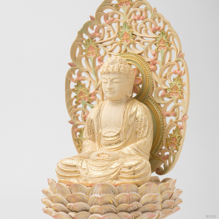 仏像 釈迦如来 座像 柘植製/ツゲ 八角台座 2寸 金泥書 淡彩色 曹洞宗