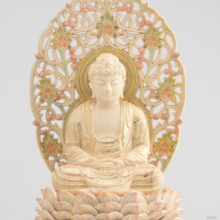 仏像 釈迦如来 座像 柘植製/ツゲ 八角台座 2寸 金泥書 淡彩色 曹洞宗