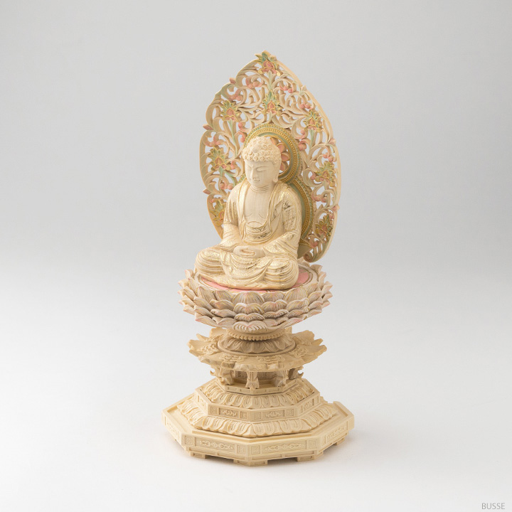 仏像 釈迦如来 座像 柘植製/ツゲ 八角台座 2寸 金泥書 淡彩色 曹洞宗