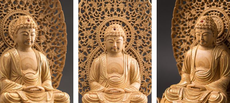 仏像 釈迦如来 座像 肖楠木製 八角台座 1.8寸 金泥書 顔書 彫眼 曹洞宗