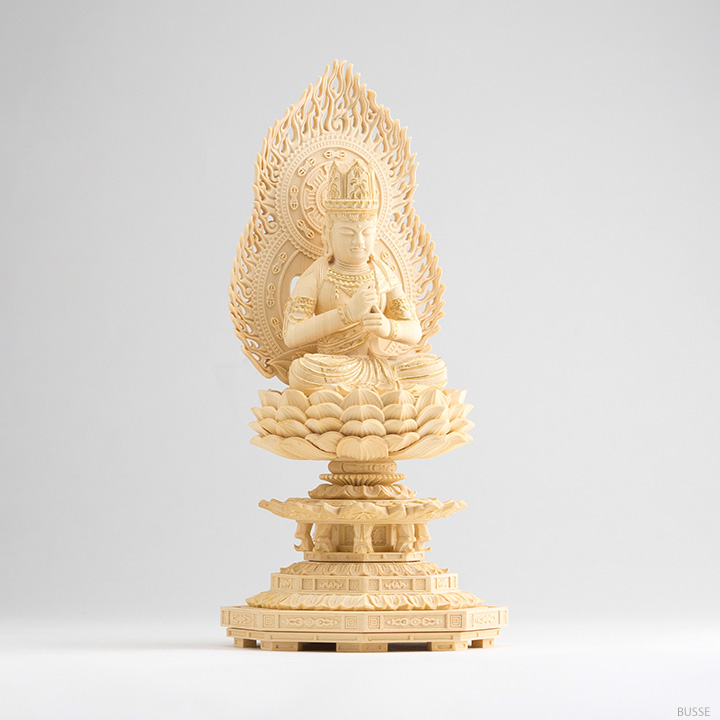 仏像 ご本尊 総ツゲ 六角台座 大日如来 火炎光背 金泥書 2寸