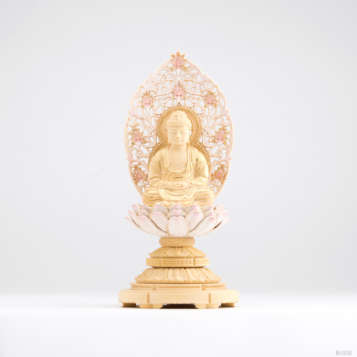 仏像 釈迦如来 座像 柘植製/ツゲ 丸座 1.8寸 金泥書 淡彩色 曹洞宗